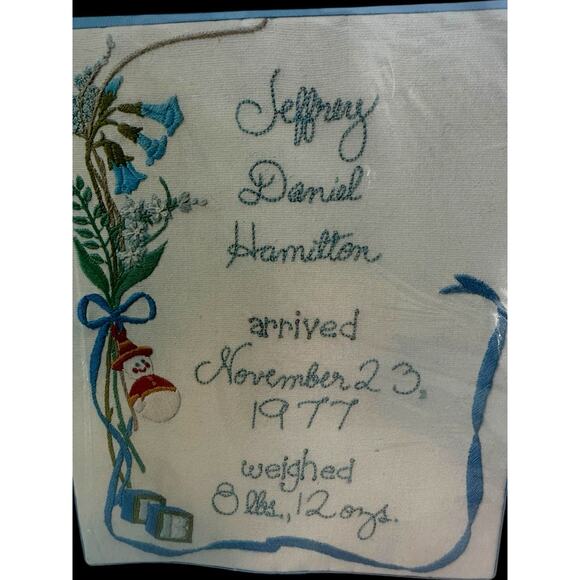 NOS 1976 Columbia Minerva Crewel Picture Kit Baby Boy Birth Sampler 7803 CM VTG - Picture 1 of 3